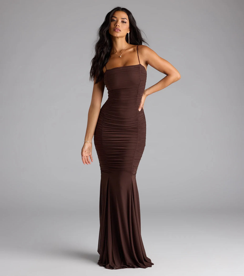 Juliana Ruche Mermaid Mesh Formal Dress