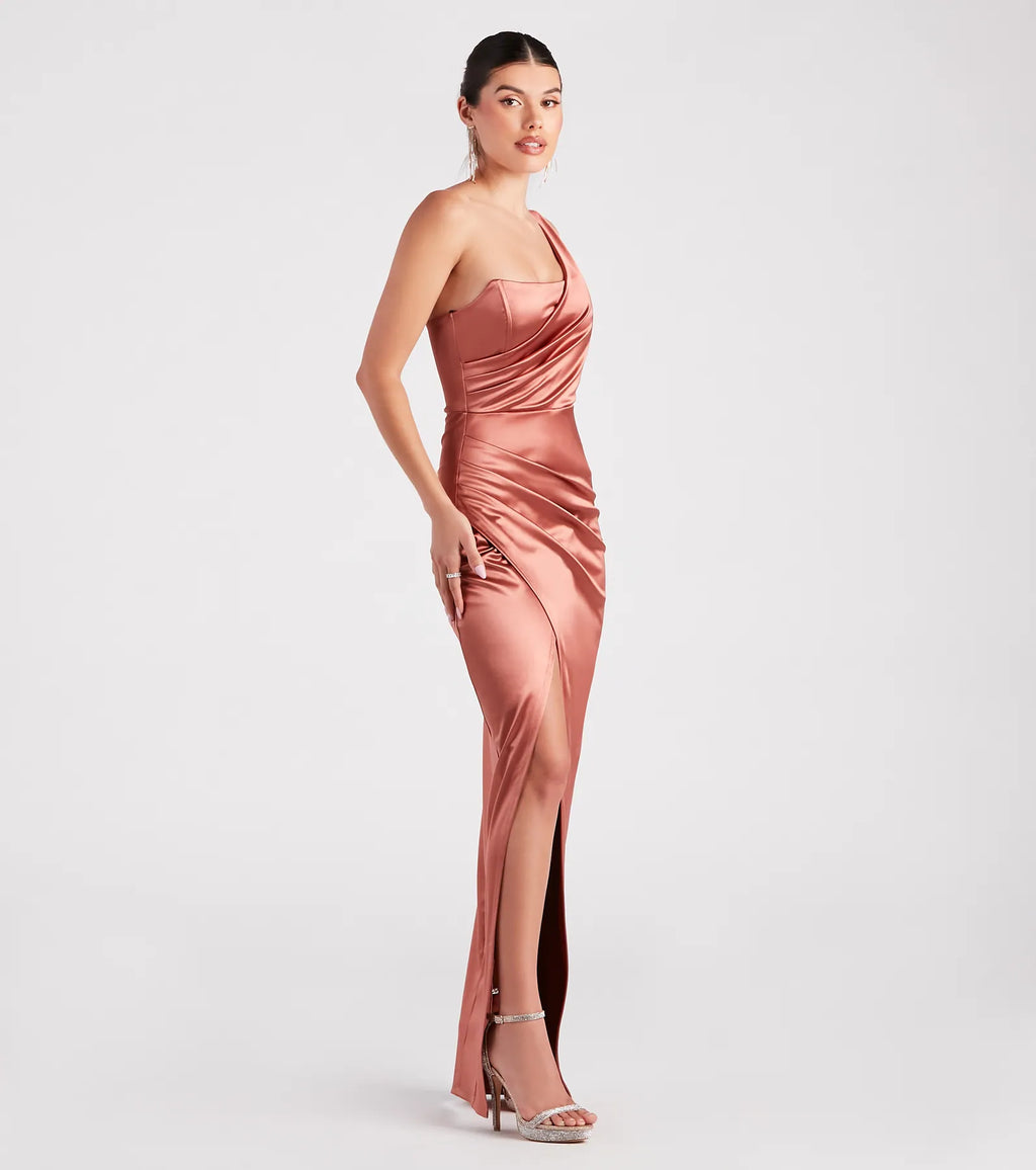 Isla Satin One-Shoulder Wrap Dress