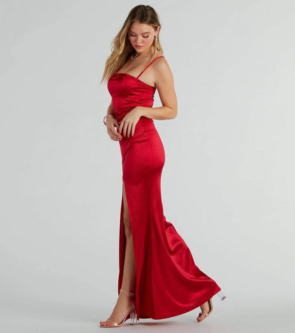 Hallie Rhinestone Satin High Slit Mermaid Dress