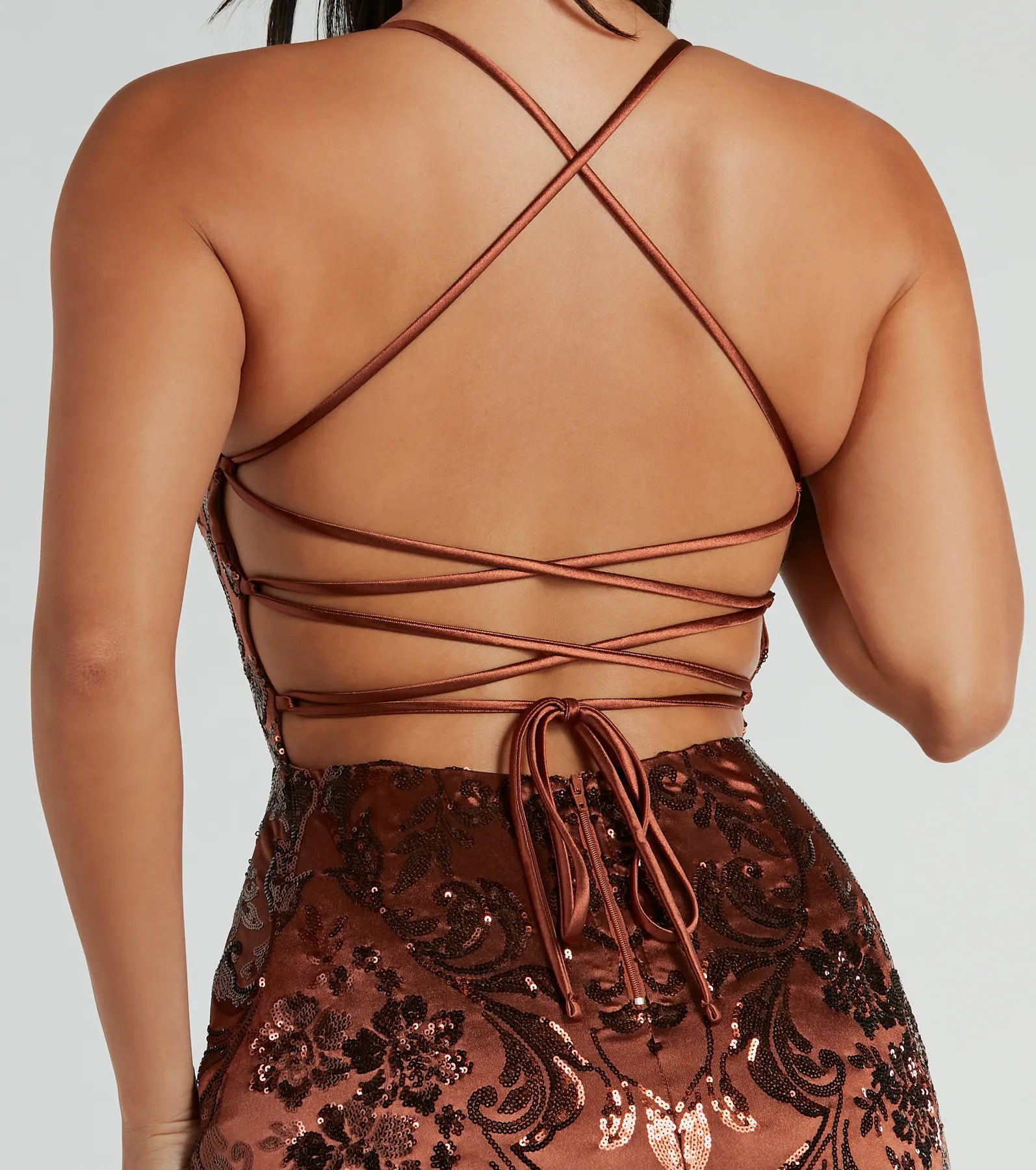 Marisol Lace-Up Column Sequin Satin Formal Dress