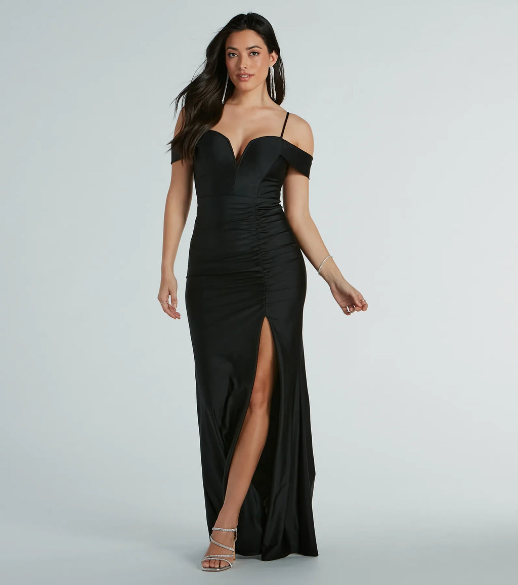 Danielle Cold-Shoulder Ruched Knit Formal Dress