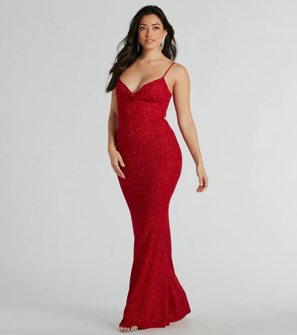 Maleah Twist-Front Glitter Knit Mermaid Dress