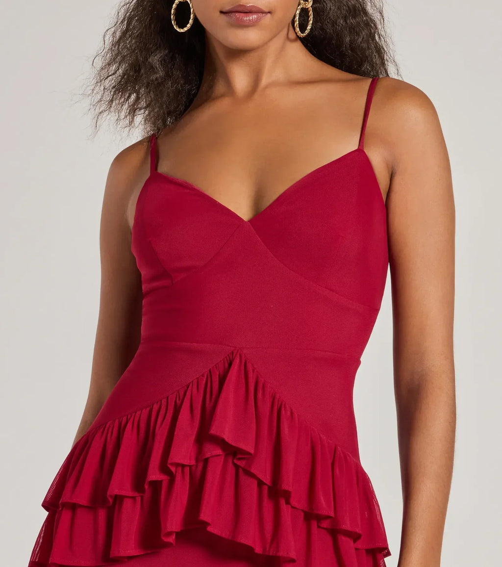 Monica V-Neck Lace-Up Ruffle Slim Formal Dress