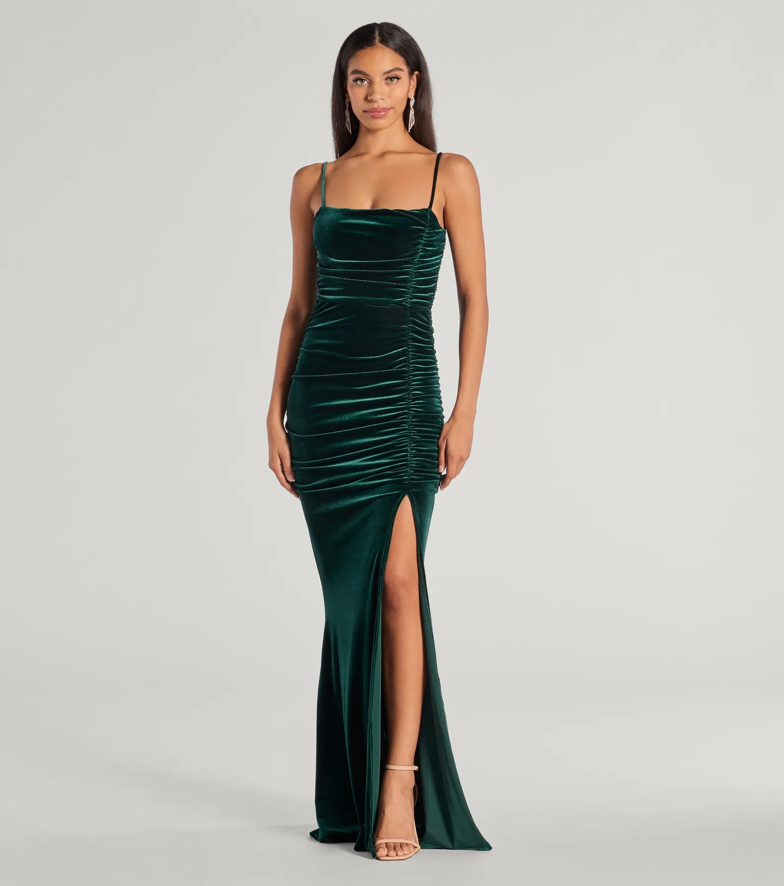 Alondra Ruched Velvet Front Slit Mermaid Dress