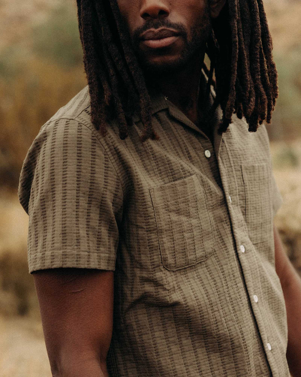 The Conrad Shirt in Fatigue Olive Dobby Stripe