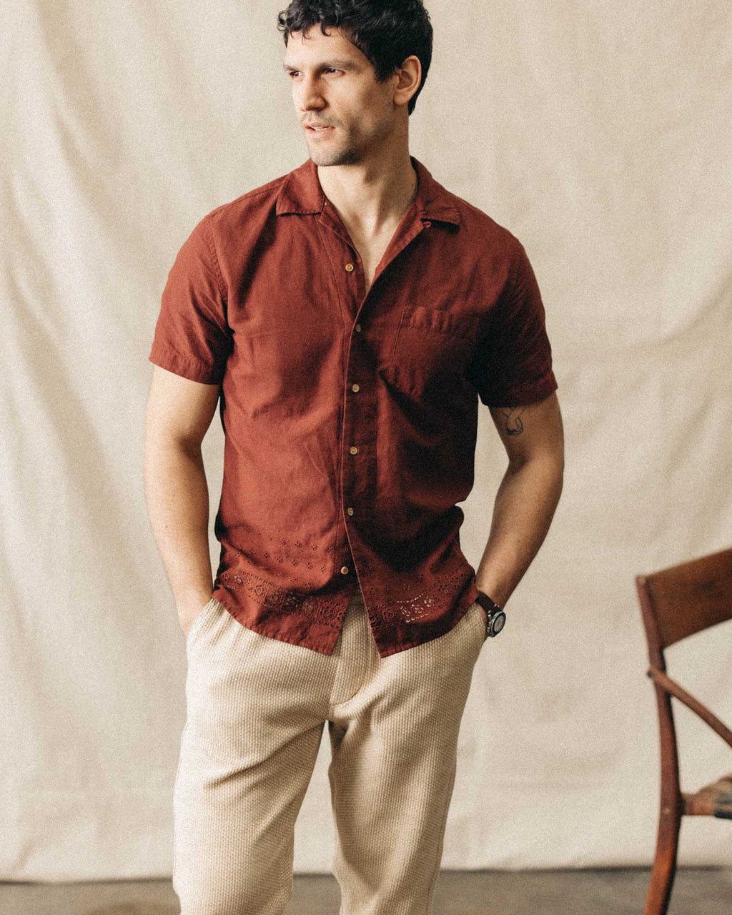 The Hawthorne Shirt in Red Wine Border Eyelet