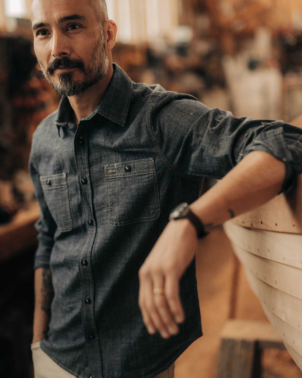 The Foundry Shirt in Rinsed Indigo Chambray